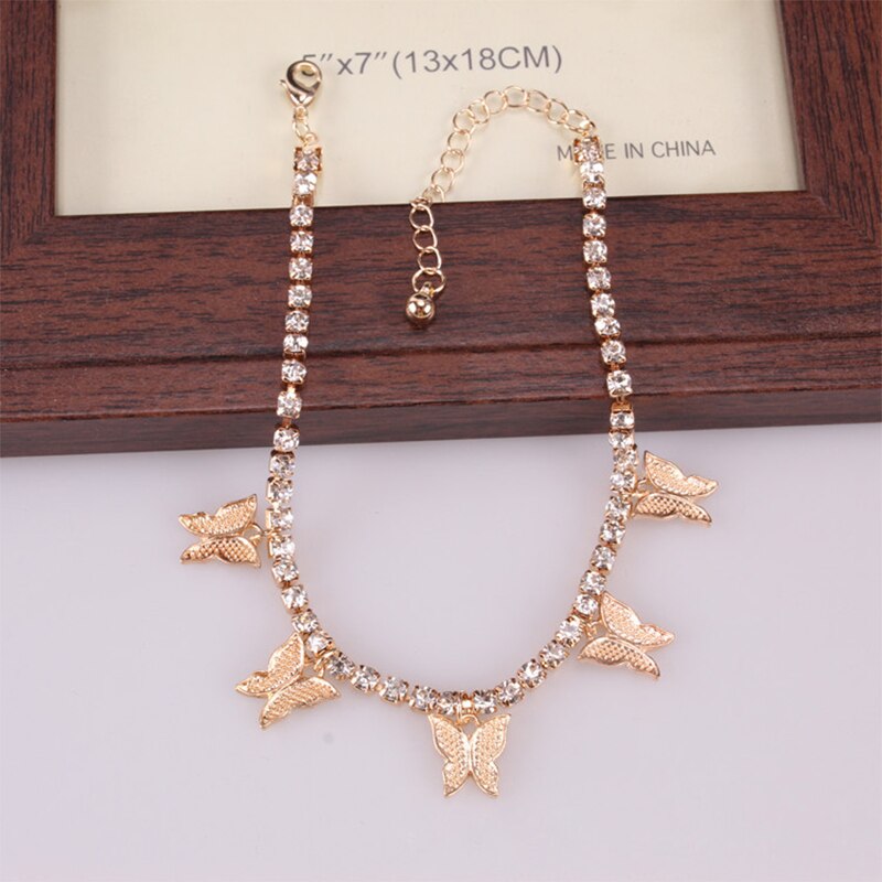 Gouden Vlinder Enkelbandje Tennis Rhinestone Enkelband Boho Sieraden Voor Vrouwen Sliver Kleur Crystal Armbanden Enkelband Beach Voet Been Keten: HJ042G-gold