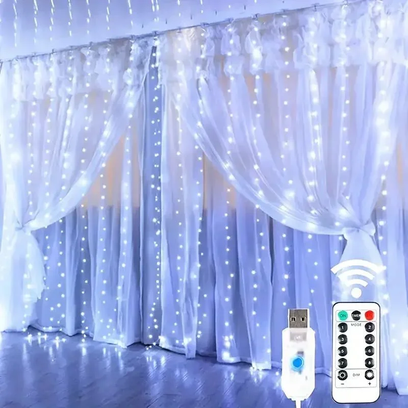 Guirnalda de luces de cortina USB, 8 modos de luz LED navideña para Año , dormitorio, vacaciones, boda, cumpleaños, decoración, luz nocturna de pared: XS / Amarillo fluorescente