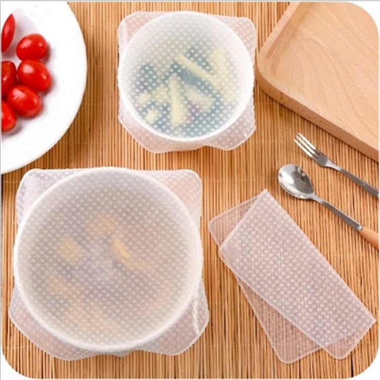 4pcs Food Fresh Keeping Saran Wrap Kitchen Tools Reusable Silicone Food Wraps Seal Vacuum Cover Stretch Lid Kitchen Accessories: Default Title