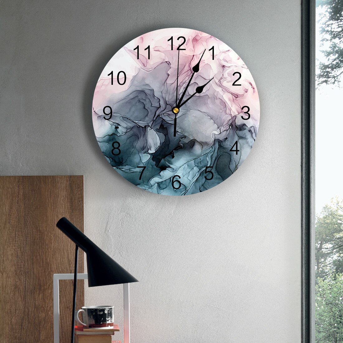 Blush and Payne's Grey Flowing Abstract Painting Wall Clock Home Decor Bedroom Silent Oclock Watch Wall Digital Clock
