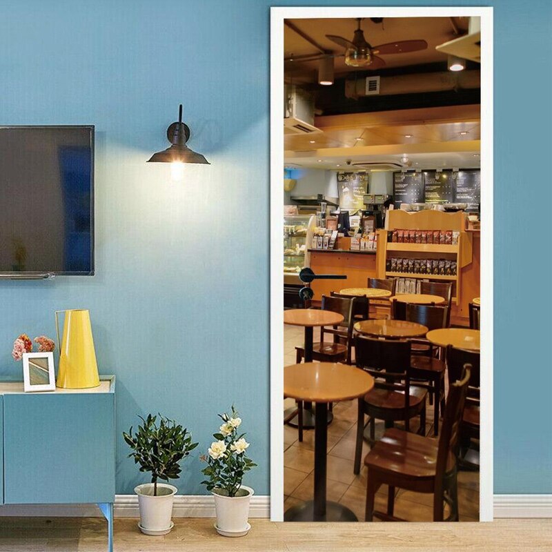 2 Stks/set Koffie Scence Deur Stickers Slef-Zelfklevend Behang Pvc Vinyls Decor Poster Slaapkamer Entree Beknopte Mural Decal 3d