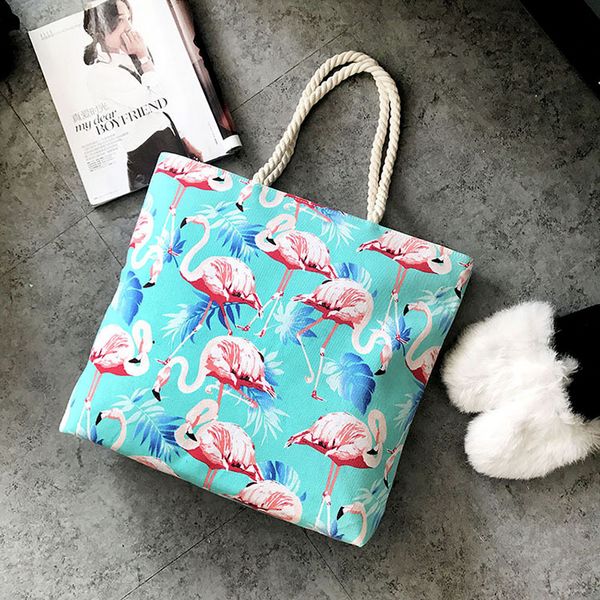 Flamingo Frauen Leinwand Tasche Große Strand Schulter Taschen Casual Weibliche Tote Hand Tasche Großen Einkaufstasche Weibliche Schulter Taschen CJ875: Himmel-Blau