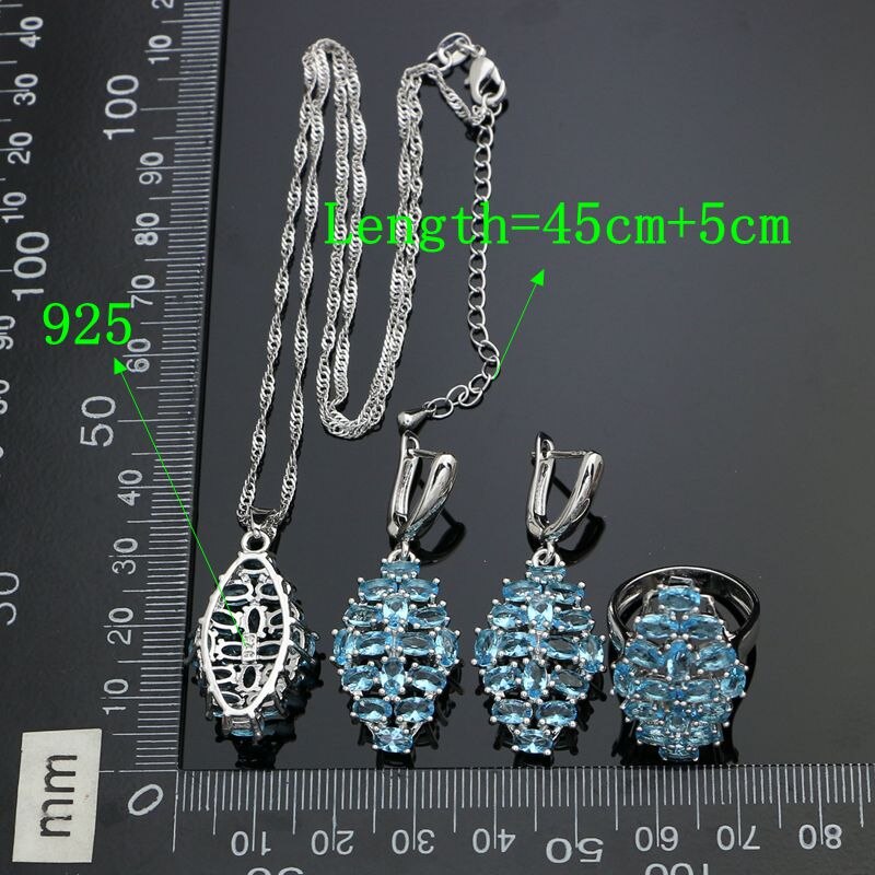 925 de compromiso juegos de joyas de plata para mujer cielo azul Cubic Zirconia pendientes/colgante/Collar anillo pulsera/pulsera