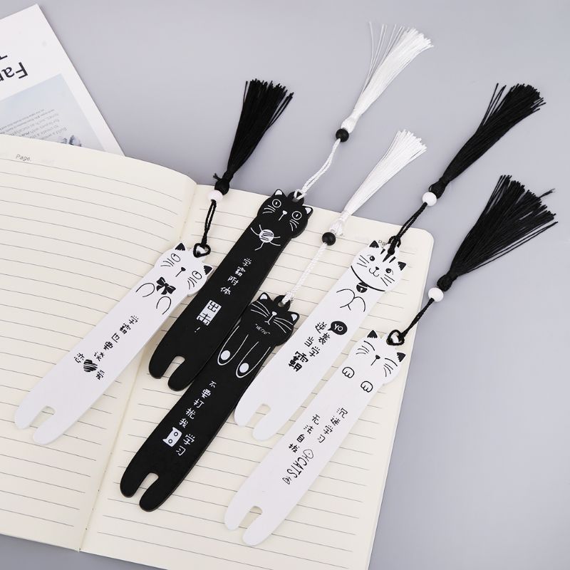 Cute Cartoon Cat Wooden Bookmark Book Page With Tassel Student Stationery School