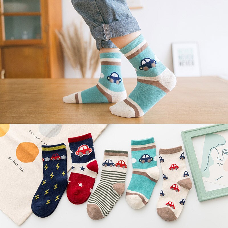 Ademend Soft Mid Buis Kousen Lange Sokken Cartoon Patroon 5Pairs Voor Jongens Meisjes Elastische Kinderen Katoen: Car / 8-12T