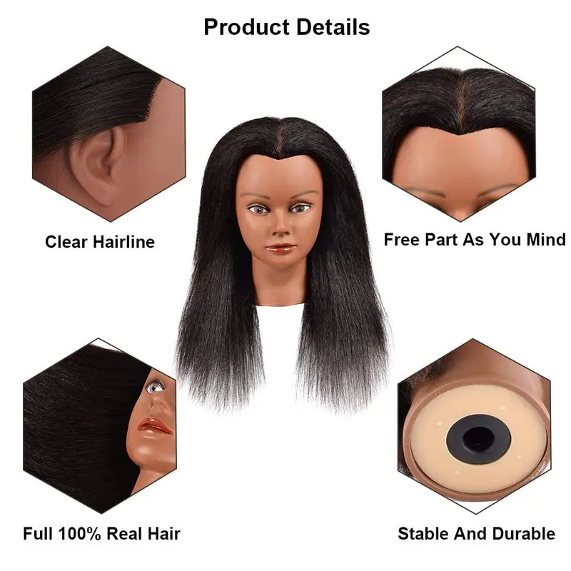 Hair Mannequin Head With Table Clamp Stand Yaki Hair Cosmetology Doll Head For Hairdresser Practice Braiding Training