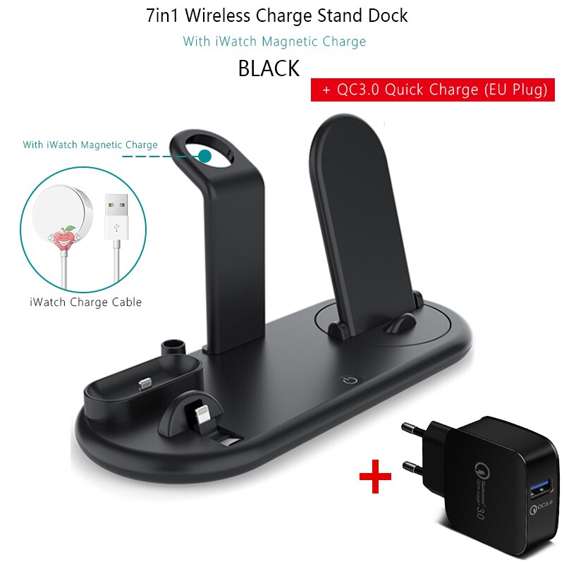 7 in 1 QI kabellos Ladegerät aufladen Dock Bahnhof Pro Apfel Airpods Android Uhr aufladen Pro IPhone 11 Profi Xiaomi Telefon Halter: schwarz Watch QC3.0