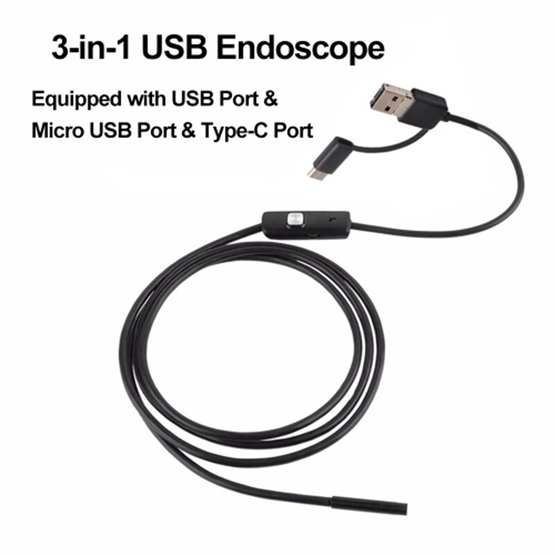 3-en-1 Endoscope industriel Endoscope caméra d'inspection intégrée 6 LEDs IP67 étanche USB type-c Endoscope pour Android Smartph