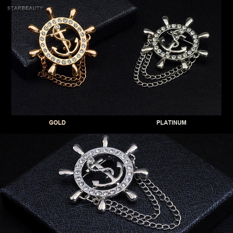 Golden Rudder Anchor Brooch Mens Suit Boutonniere Badge Korean Brooches for Men Lapel Pin Women Broches Chain Christmas