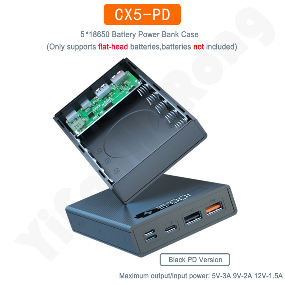 Quick Charge 5*18650 Power Bank Case 10W Wireless Charging USB Charger QC 3.0 PD DIY Shell 18650 battery Holder Charging Box: PD Black