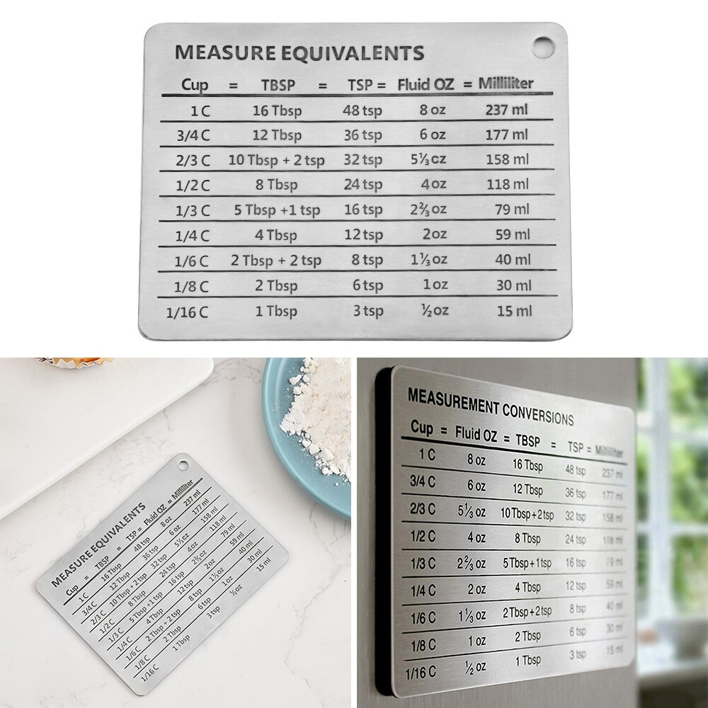 Tasse à mesurer en acier inoxydable Durable, tableau de Conversion de pâtisserie, plaque de montage magnétique avec échelle claire, outils de cuisson de cuisine