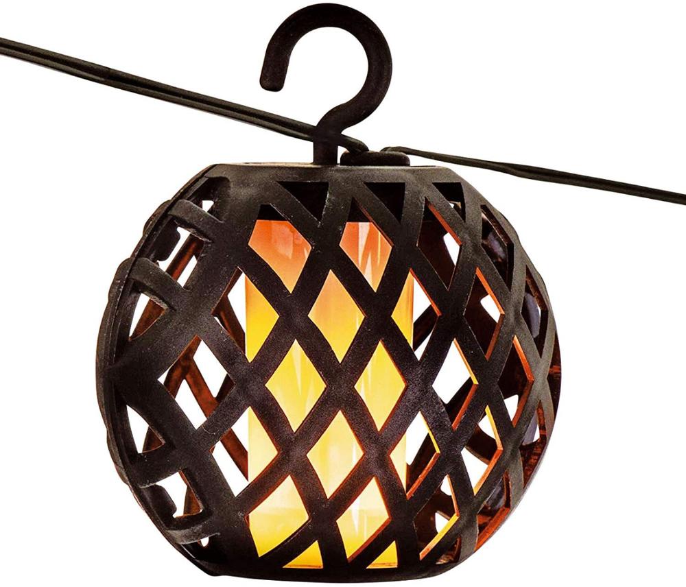 Solar Rattan Ball Flame Effect LED String Hanging Lights Waterproof Solar String Lights for Patio Garden Yard