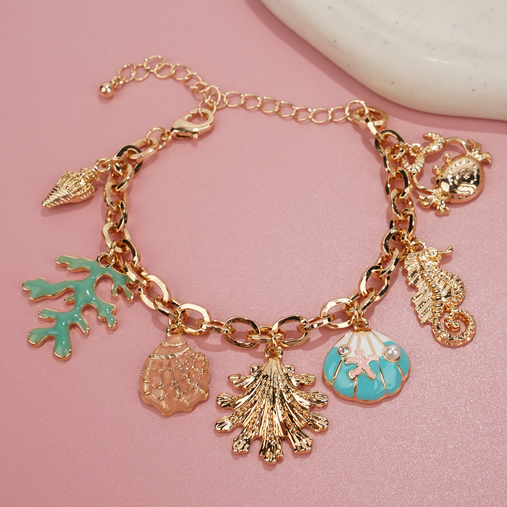 Moda colorida estrela do mar concha concha pulseiras para mulheres ouro-cor corrente pulseira oceano verão praia jóias