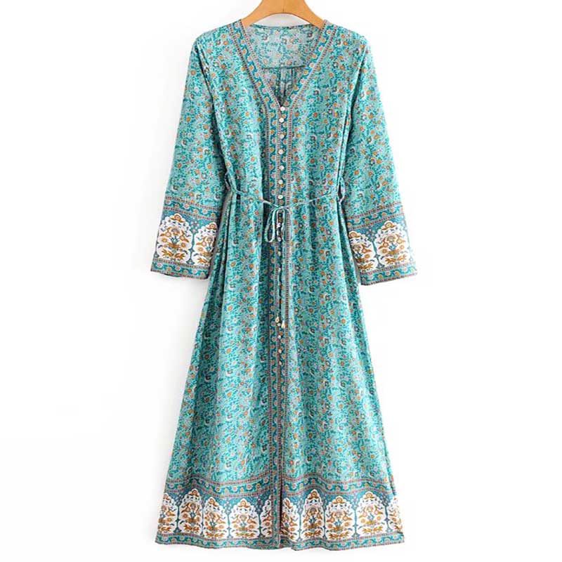 Vestido de inspiración bohemia de verano con plumero de color turquesa bohemios largos de media manga con botones vestido de verano bohemio Vestido de playa