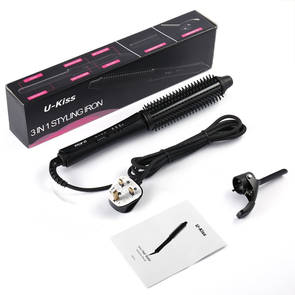 U-kiss brosse Interchangeable et pince Super dur titane enduit plaque chauffante double tension 3 en 1 ionique Styler cheveux bigoudi