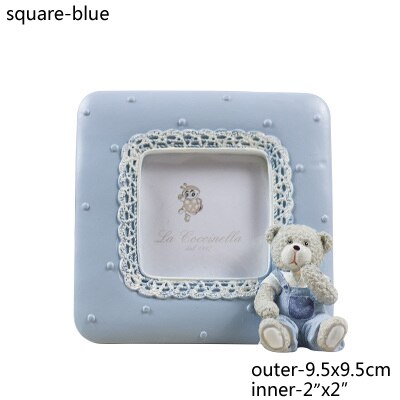 European Cute Teddy Tear With Lace Border Oval Square Shape 2x2 2.5x3.5 Pink Blue Resin Tabletop Baby Picture Photo Frame: square blue