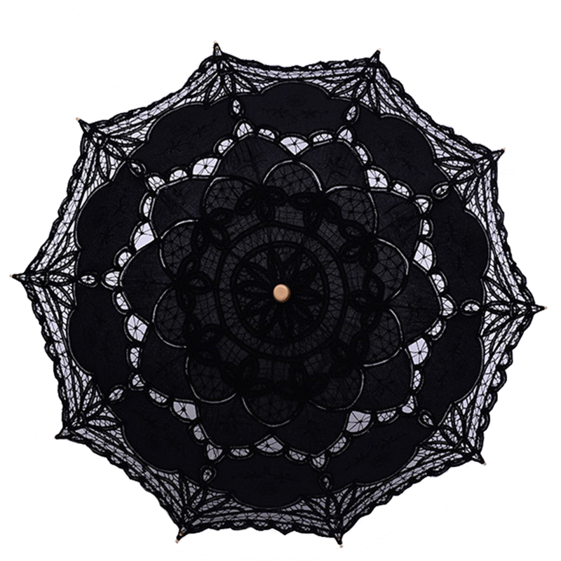 Kant Bruids Paraplu Parasol Zwart Rood Wit Katoen Zonnescherm Voor Bruid Houten Handvat Bruiloft Decoratie Paraplu: Black