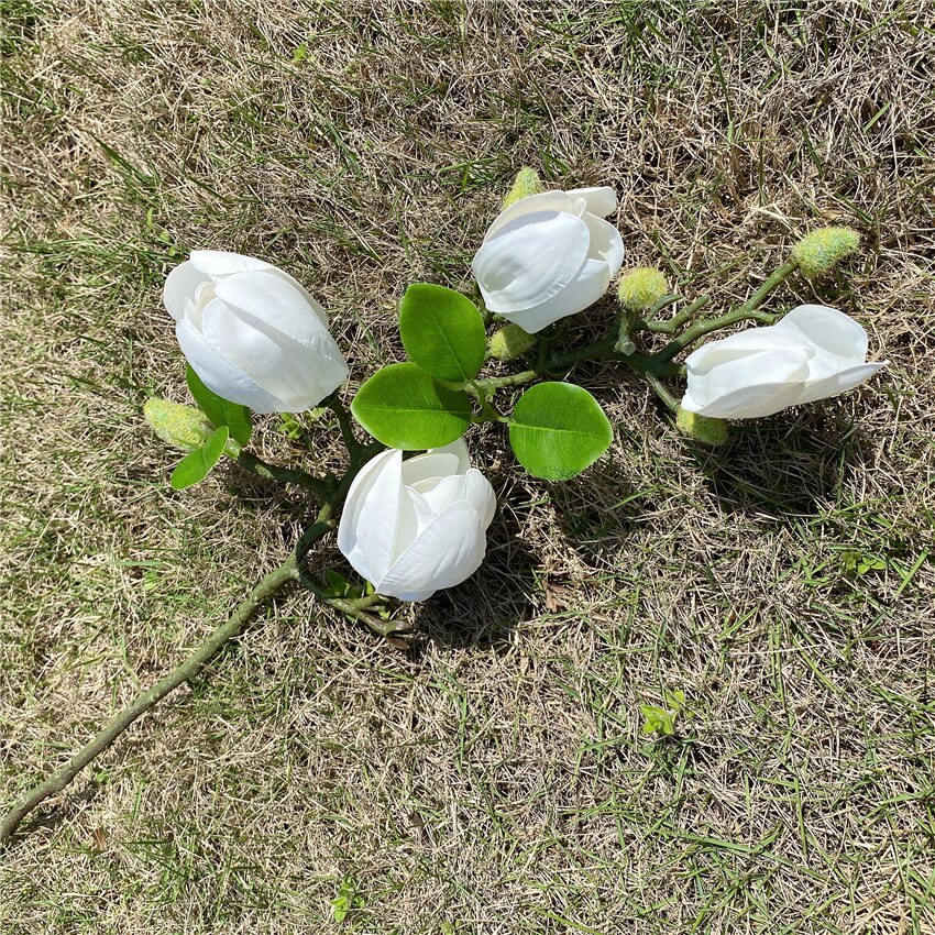 Real Touch Grote Magnolia Bloem Tak Met Bladeren Home Decor Kunstmatige Bloem Voor Bruiloft Appartement Decoratie: Closed bud white