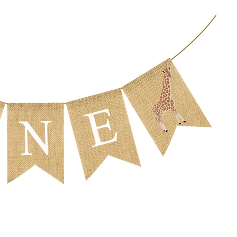 First Birthday Party Flag Giraffe and ONE Printing Burlap Banner Swallowtail Bunting Baby Shower Hanging Garland Party Supplies