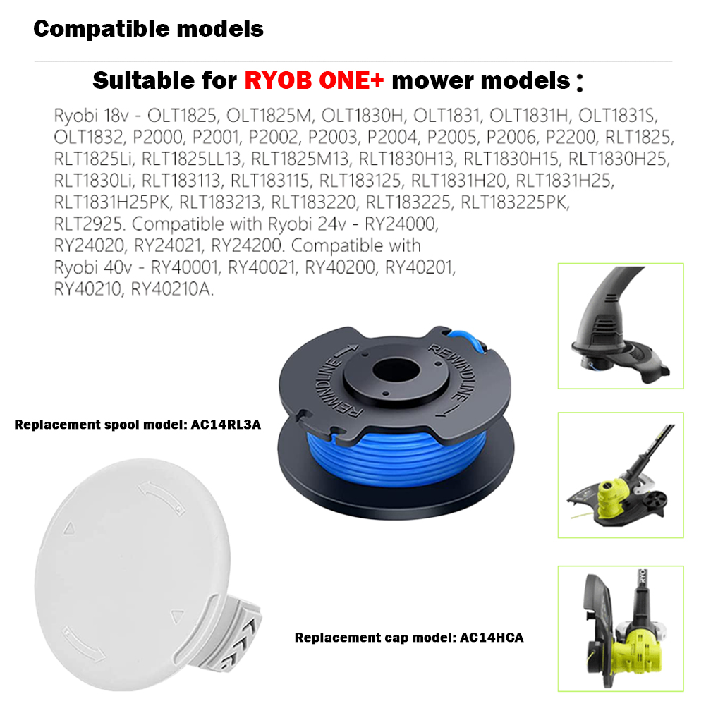 Carrete y línea para Ryobi One +, cortacésped inalámbrico, cortacésped, carrete para Ryobi AC14RL3A/AC14HCA