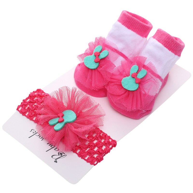 1Set Neugeborenen Baby Socken + Stirnband Set Spitze Große Blume Bögen Baby Mädchen Socken Stirnbänder Infant Kleinkind Boden Socken sokken: rose red