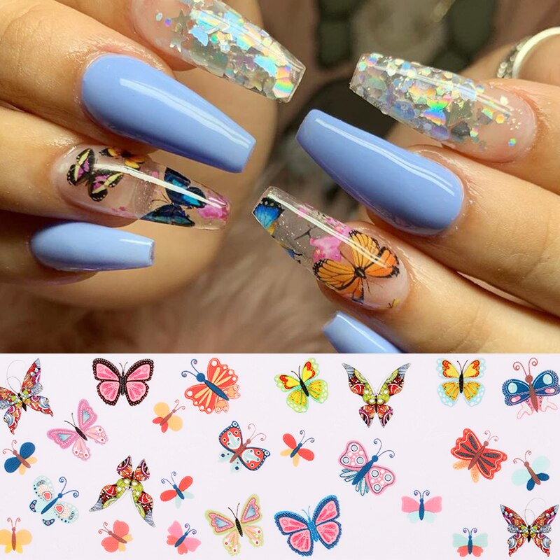 Nail art overføringsfolier sommerfugle blomst nail art overføring klistermærker dias holografiske negle art decals til manicuring diy