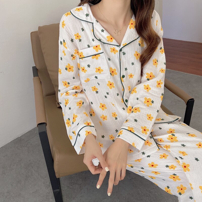 CBAFU spring autumn pajama set flowers print sleepwear lapel collar tops pants 2 piece set comfartable cotton home clothes M620