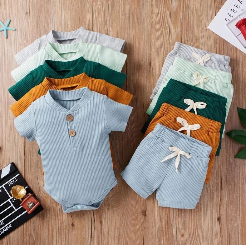 Zomer Effen Baby Jongen Meisje Casual Kleding Korte Mouw Knop Romper + Losse Shorts 2 Stuks Outfits Set Kleding