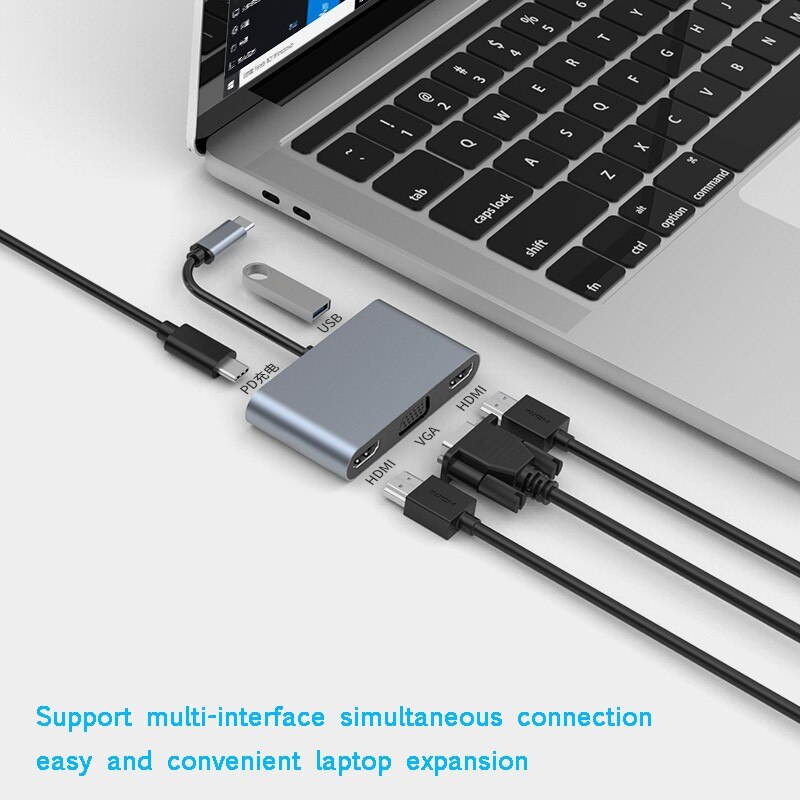 USB C Hub 5in1 zu Dual HDMI 4K VGA Verlängern Anzeige PD Ladung USB 3,1 Typ C Docking Bahnhof Adapter für MacBook Laptop TV