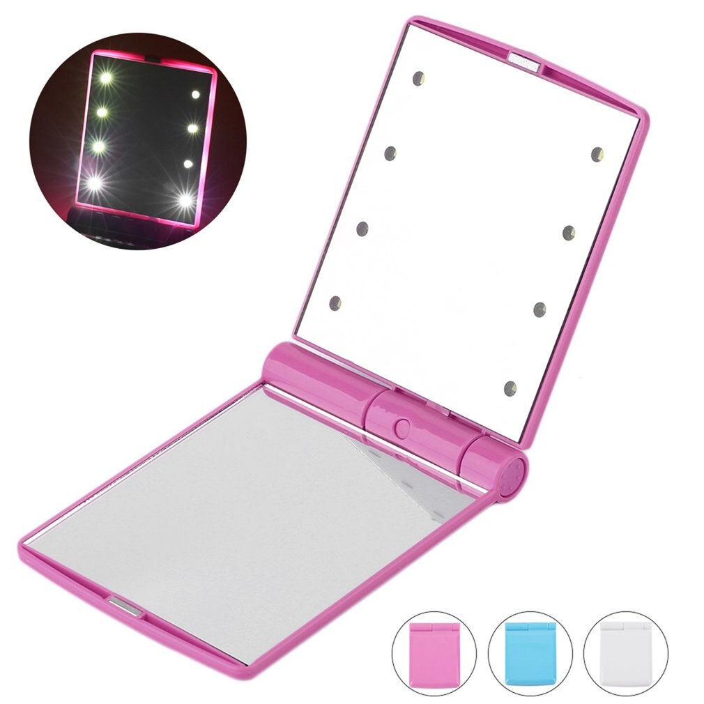 Low Power Comsumption Portable 8 LED Makeup Mirror Lights Women Facial Make up Cosmetic Mirrors Desktop Foldable Pocket Mirror