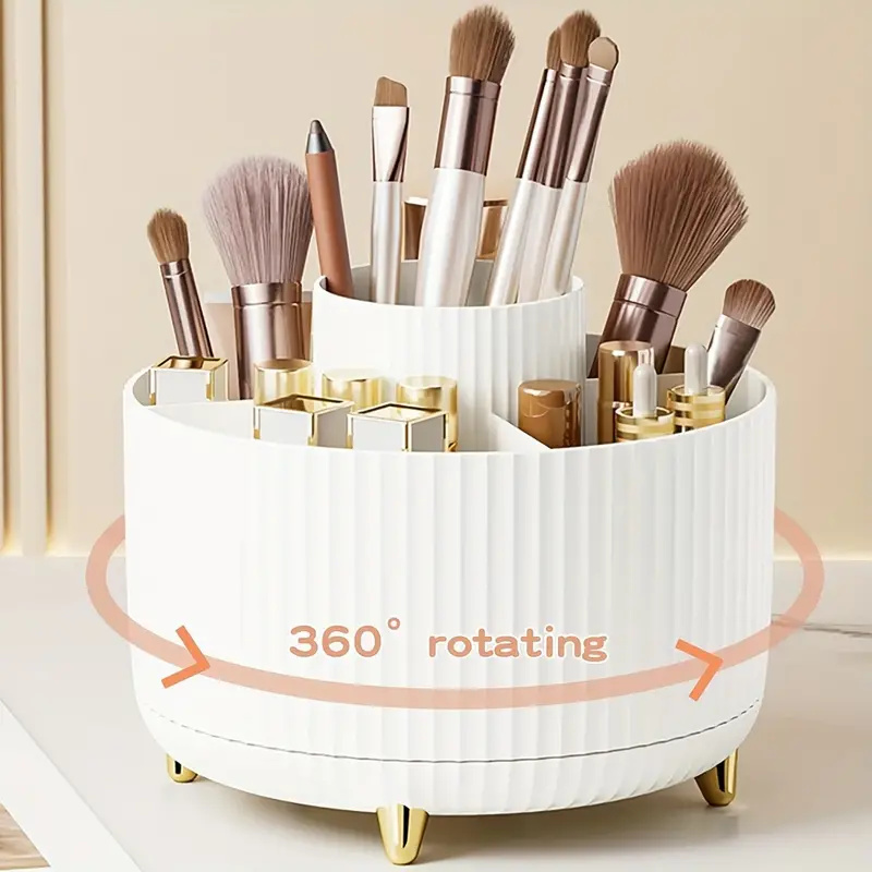 360° Rotating Makeup Organizer Makeup Holder Cosmetic Storage with 5 Compartments Multi-Functional Holder for Brushes Pen: Gold