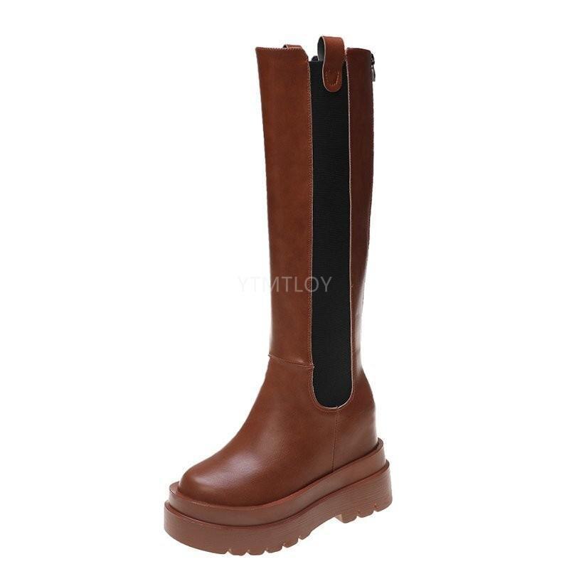 Platform kvinder lange støvler læder afslappet lynlås støvler chunky hæl knæhøje botas mujer dame chaussure femme: Brun / 36
