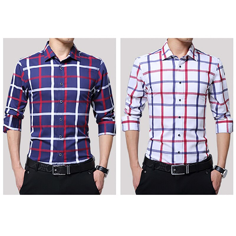 TFETTERS-Camisa a cuadros de algodón para hombre, ropa informal de talla grande, de manga larga, a cuadros rojos y blancos, con cuello vuelto