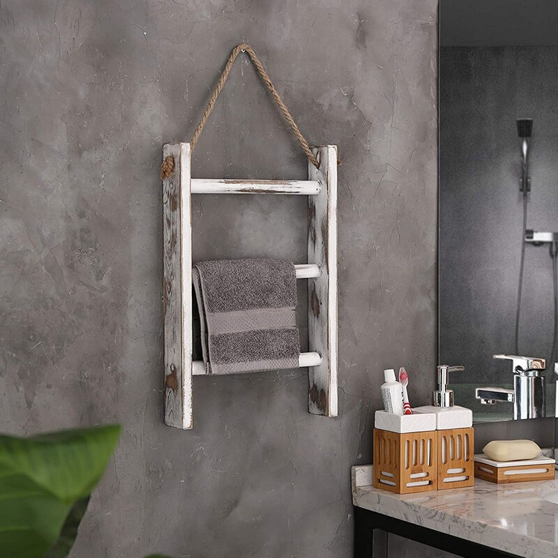 Wall-Hanging Towel Ladder Rustic Whitewashed Wood Countertop Ladder Farmhouse Decor Towels Rack with Adjustable Rope
