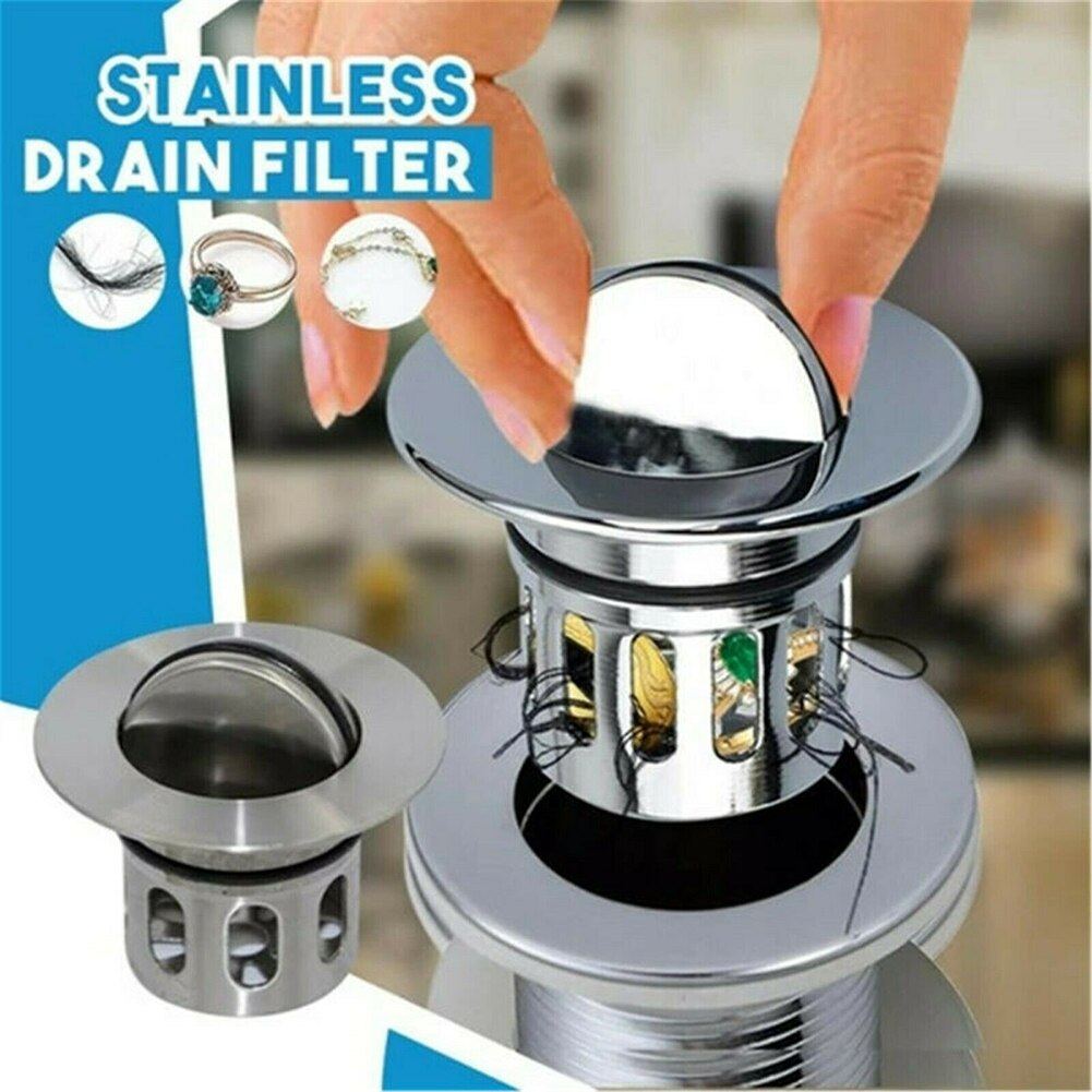 Bouchon D'Évier Universel à Poussoir - Acier Inoxydable, Filtre Anti-Cheveux - Pour Trous De 34 à 38 Mm (Salle De Bain)
