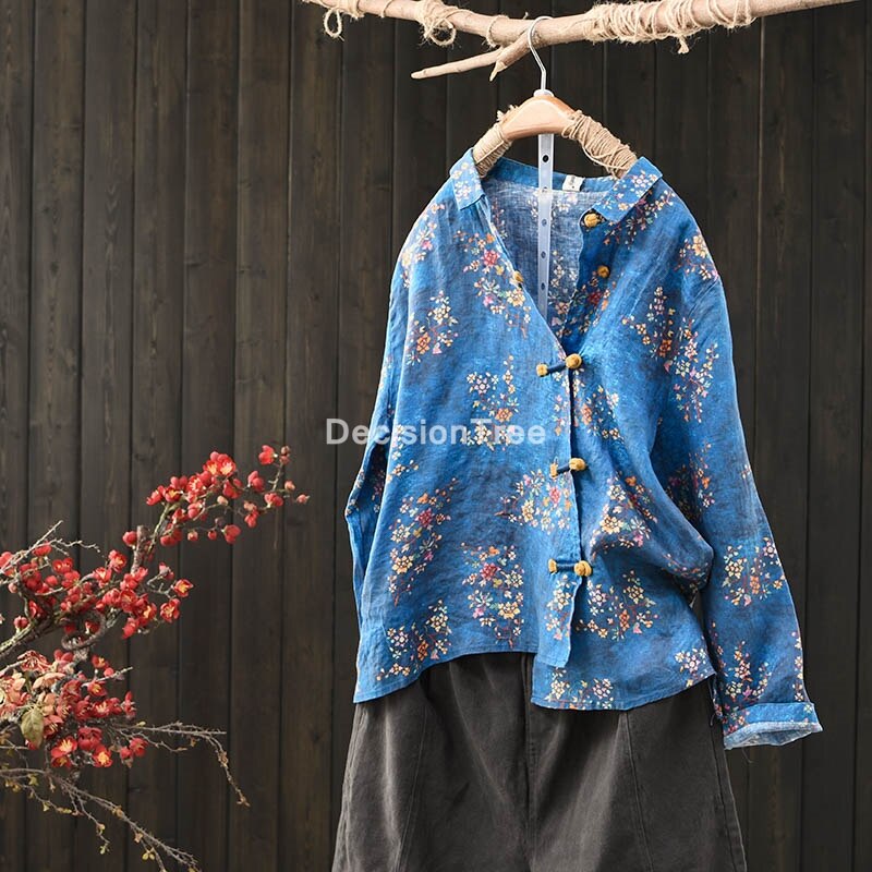 2022 woman traditional chinese clothing top retro flower print hanfu top women tops oriental tang suit chinese blouse: color2
