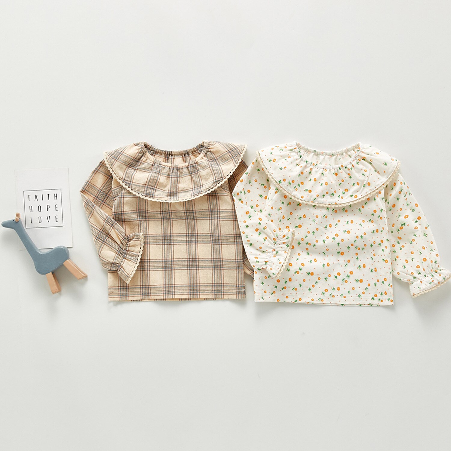 Kinderen T-shirt Baby Meisjes Lange Mouw T-shirt Cartoon Plaid Bloemen Tops Peuter Lente Herfst Katoen Grote Revers Shirts
