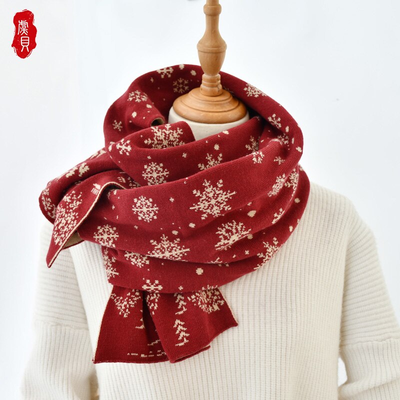 Christmas scarf child snowflake pure cotton shawl winter red knitting warm cute parent-child long scarves for boy girl kids