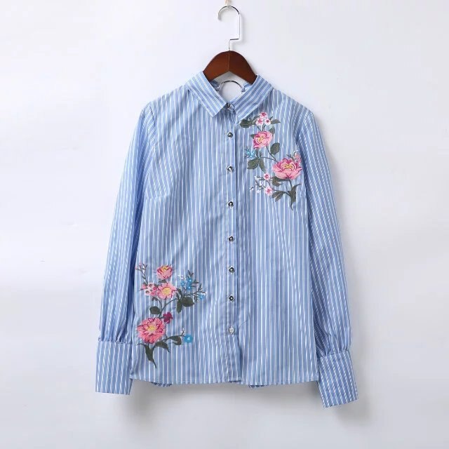 In Boutique Womens Tops Blue Striped Floral Flower Embroidered Blouse Shirt With Ring Neck Trim Detail: L