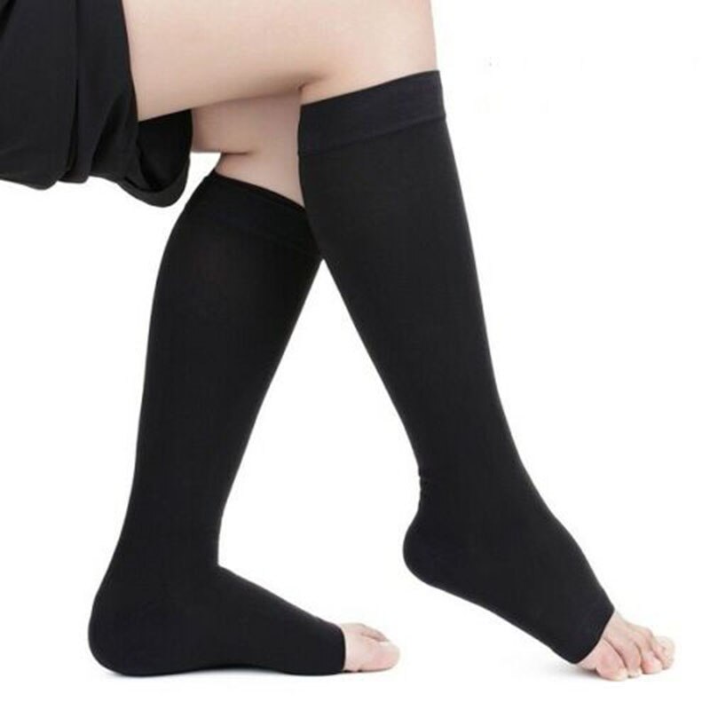 Bløde nylon sokker med høj kompression til knæ, anti-træthed åben tå støtte lange sokker plantar sport herre damestrømper s~xxl: Sort / Sm