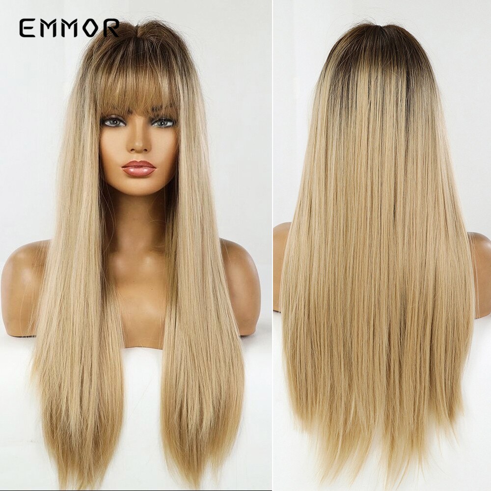Emmor Synthetic Black Root Ombre Light Golden Blonde Straight Hair Wigs with Bangs High Temperature Cosplay Daily Wig for Women: lc288-1
