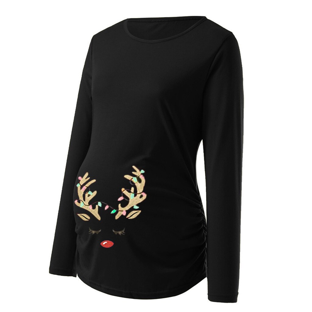 Christmas Maternity Clothing Women's Print Christmas Side Ruched Long Sleeve Maternity Top Pregnancy Clothes Maternity Blouse
