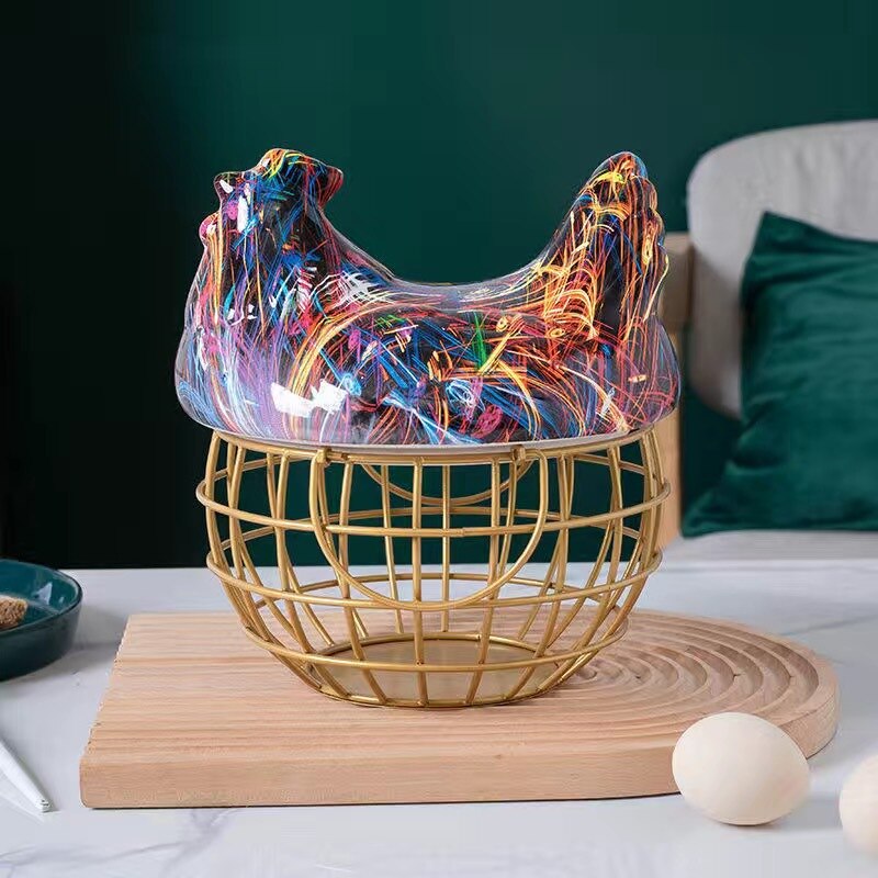 Poignée porte-œuf en céramique, poulet en métal, ornement de maison, boîte de rangement de fruits, panier de rangement en osier pour organisateur de cuisine: 15