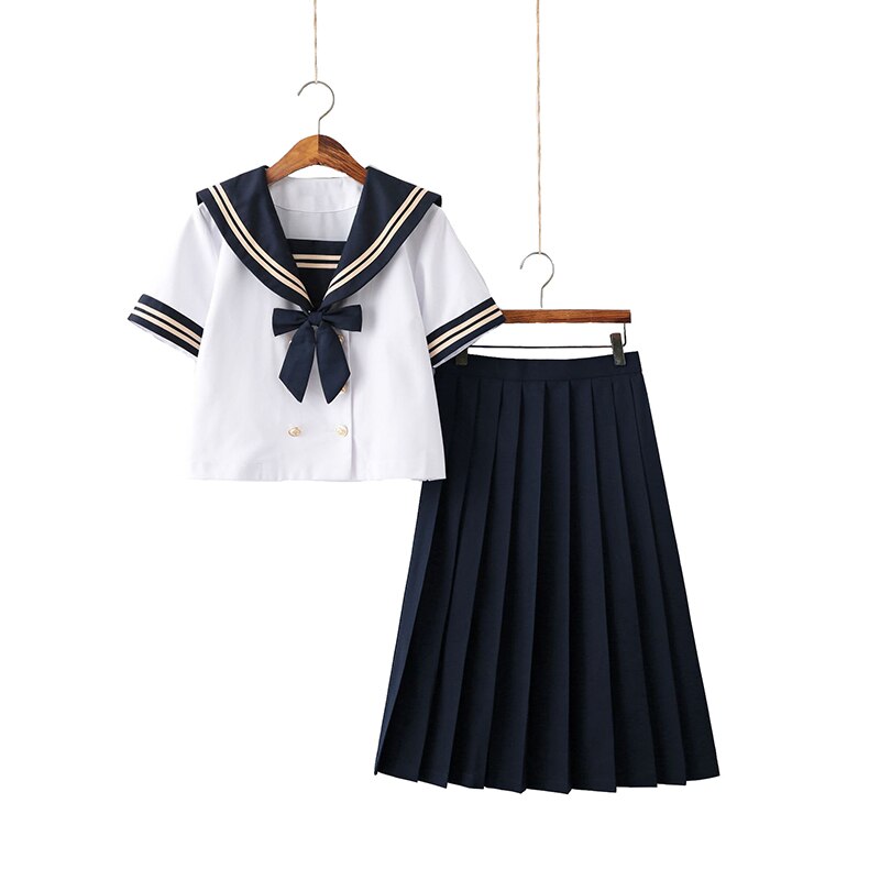Double-breasted Summer White Navy Sailor Suit Tops Skirts Women JK High School Uniform Class Uniform Students Cloth: 3 / M