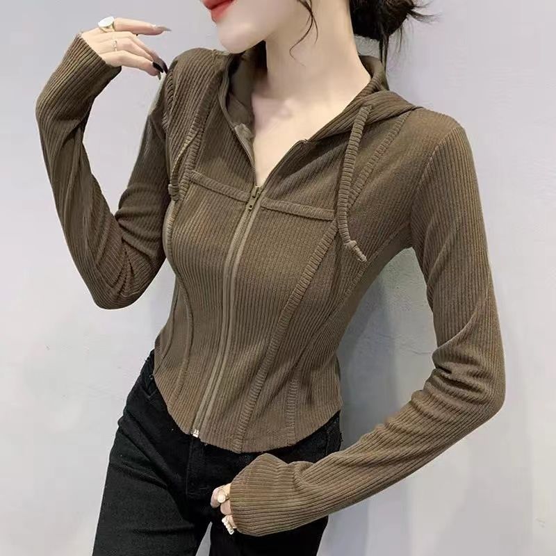 Spring Autumn Slim Patchwork Zipper T-shirt Lady Long Sleeve Solid Color Hooded Top Women Casual All-match Cardigan Tees: L / Coffee