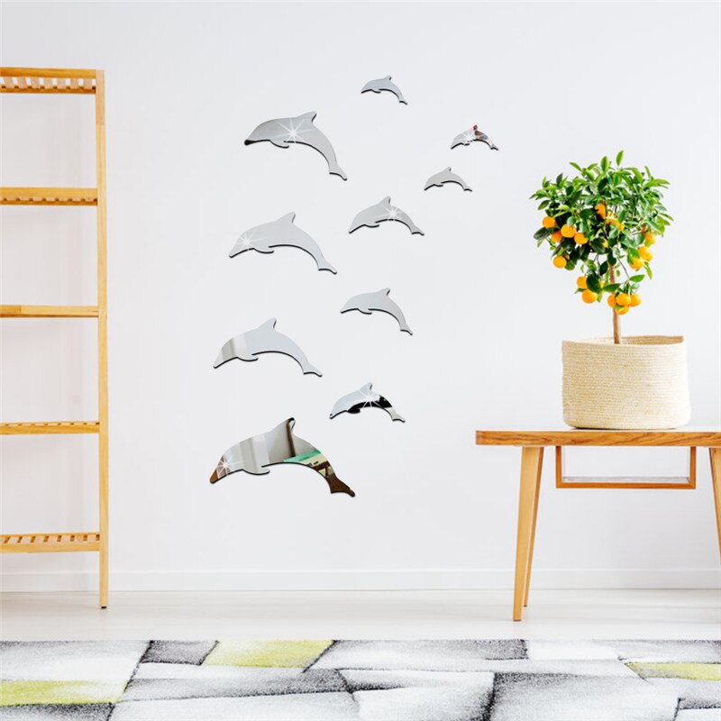 Wall Mirror Sticker Acrylic 3D Cute Dolphin Combination Mirror Effect Wall Sticker Decal Home Decor Bathroom Stickers Silver