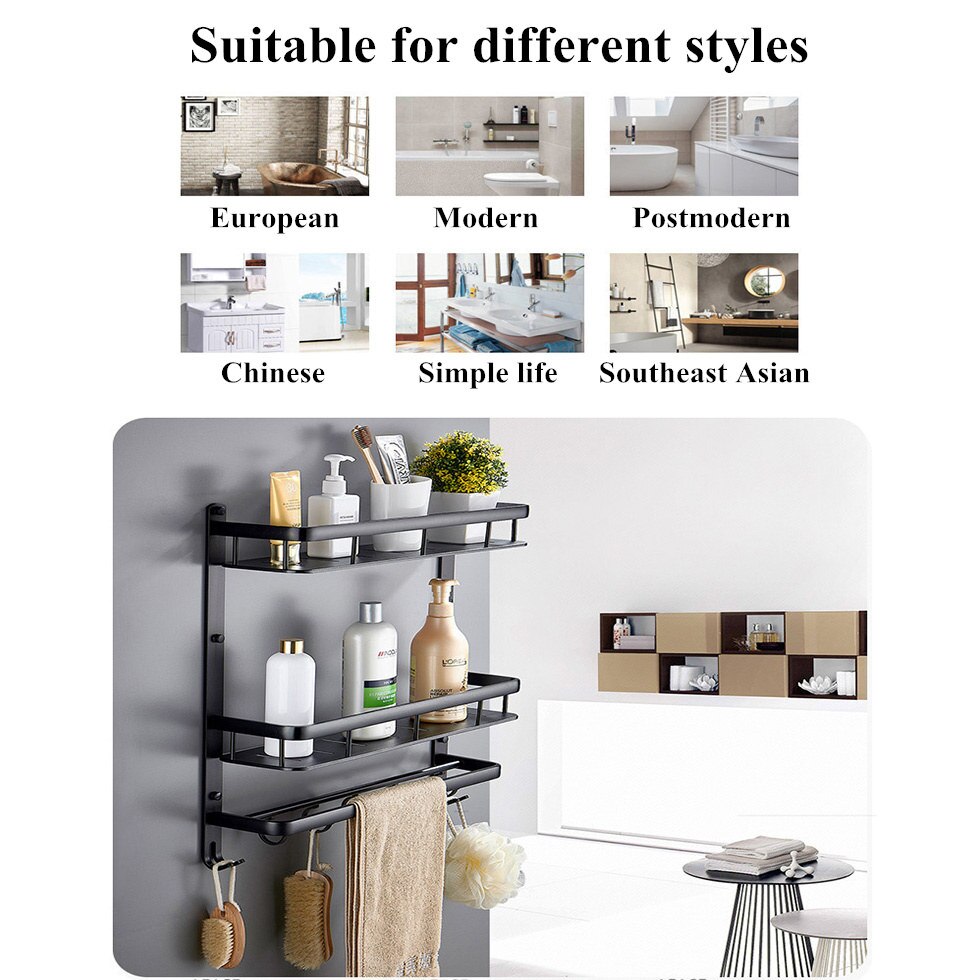 Bad svart hylle aluminium dusjkabinett hjørnehyller badehåndklestativ med krok hårføner holder etagere salle de bain