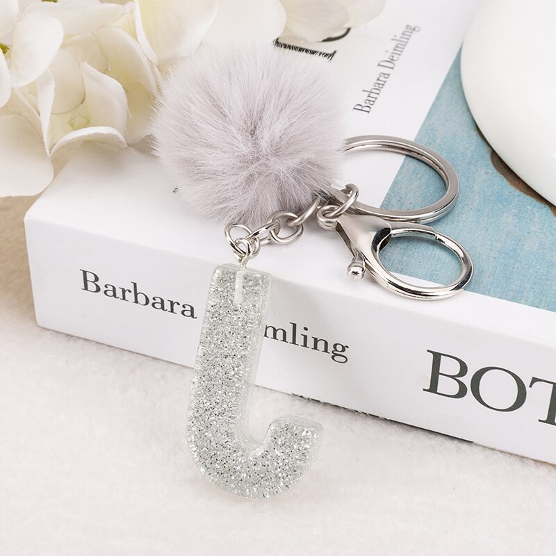 1 PC Sleutelhanger Zilver Kleur Engels Brief Sleutelhanger met Puffer Bal 26 Engels woord Glitter Hars A TOT Q Handtas bedels voor Vrouw: Zilver