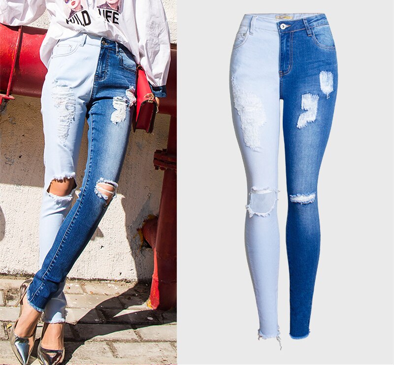 LOGAMI Skinny Ripped Jeans Woman Contrast Color Slim Jeans For Women Denim Pants