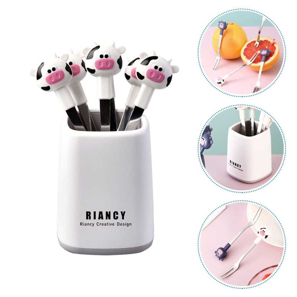 1 Set Cartoon Calf Fruit Forks Stainless Steel Forks with a Holder: White